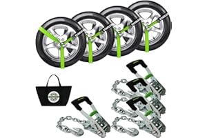 STARLEAPARTS Premium Wheel Straps (4PK) - 10,000lb Guaranteed Max Break Strength - 2" Ratchet with G70 Chain Anchor Hook and 2" X8ft Lasso Strap, Perfect Car Tie Down Straps for Truck, Cars, UTV(Green)