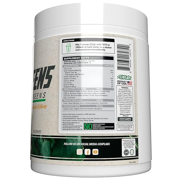 EHP LABS OXYGREENS SUPER GREENS POWDER – SPIRULINA & CHLORELLA SUPERFOOD, GREEN JUICE POWDER & GREENS SUPPLEMENTS WITH PREBIOTIC FIBRE, ANTIOXIDANTS & IMMUNITY SUPPORT, 30 SERVES (PINEAPPLE)