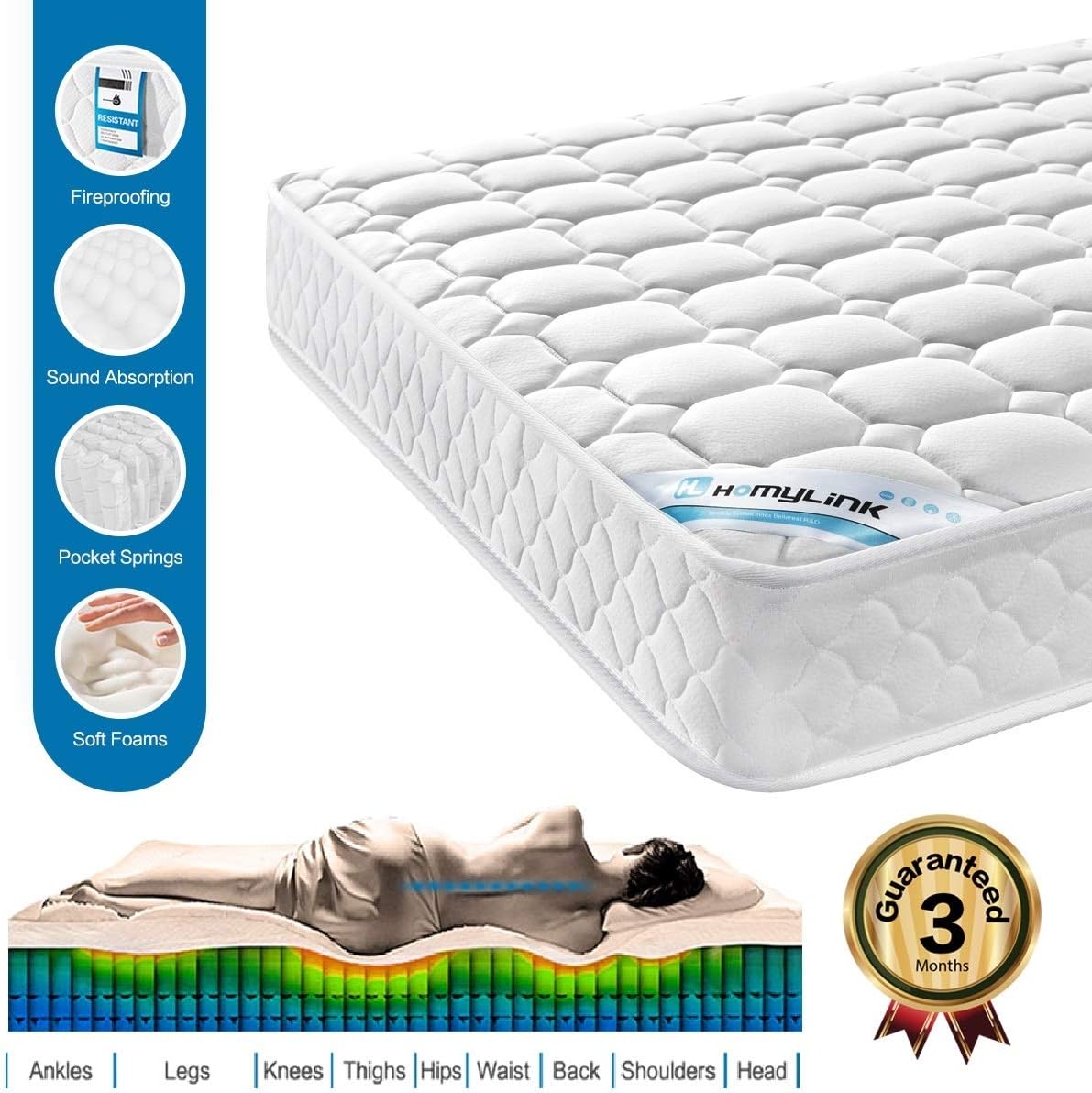 HomyLink 5FT King Mattress Pocket Sprung Memory Foam 9Zone Orthopaedic