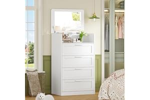 TEENFON 2-in-1 Dresser with Mirror, Tall White Dresser for Bedroom, 4 Drawers Dressing Table, Chest of Drawers for Bedroom, C