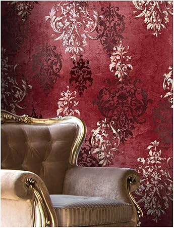 Amazon Haokhome おしゃれ レトロ ダマスク 花柄 壁紙 防水 のり付き 赤 白 シルバー 家の壁紙 装飾 0 53mx10m 壁紙