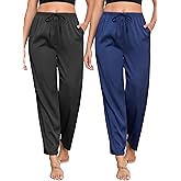 Veseacky Women's 2 Pack Satin Pajama Pants Silky Soft Lounge Pants with Drawstring Waist, Sleep Bottoms for Women(S-XXL)