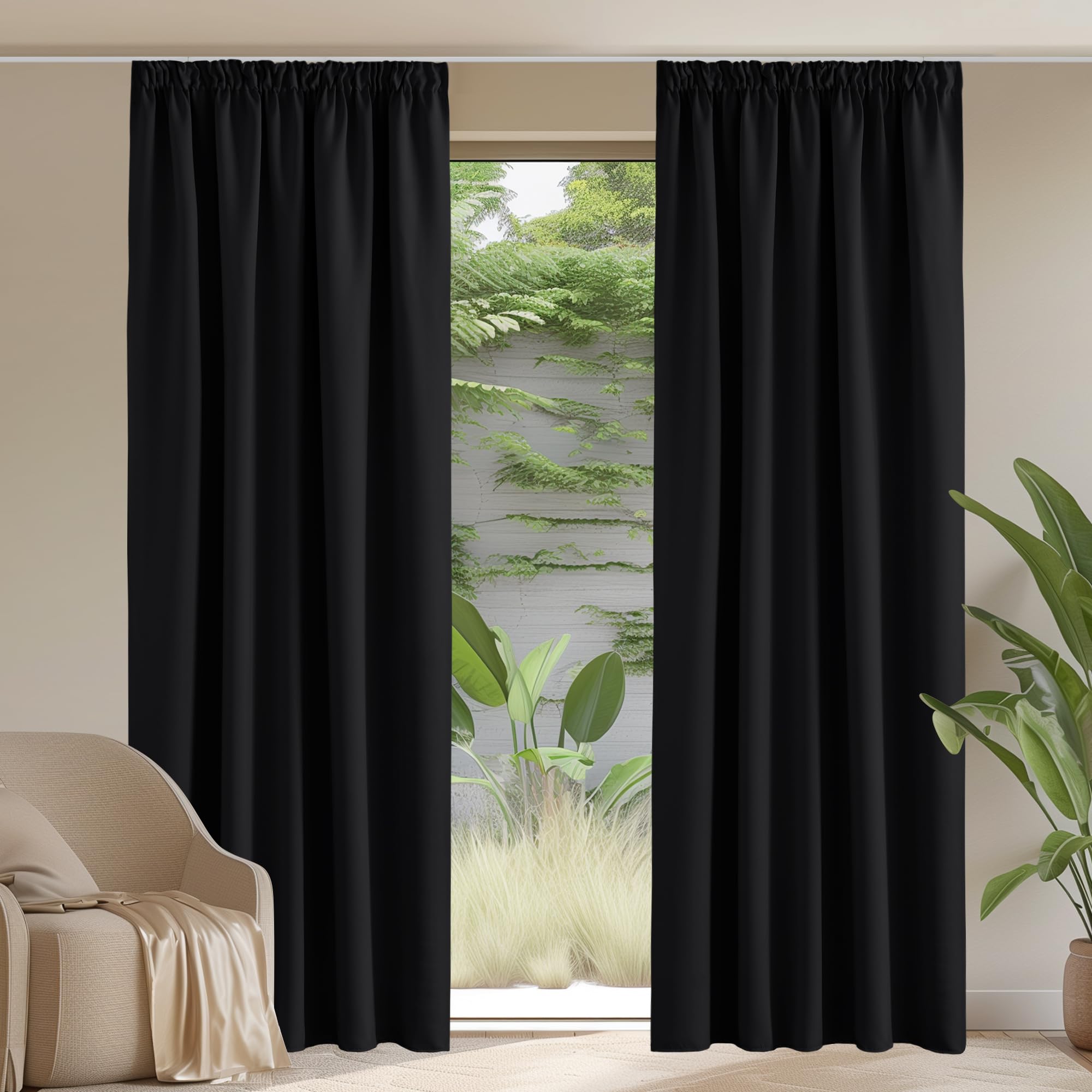 PONY DANCE Thermal Blackout Curtain – Cold Insulated Thermal Curtain, Ruffle Tape, Double Kitchen Curtains for Children's Room, L 140 x H 245 cm, 2 Pieces, Black — image 1