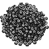 HARFINGTON 500 Pcs Black Acrylic Star Moon Heart Flower Beads, 7x4mm Flat Round Disc Coin Pony Beads with Pure White Pattern for Jewelry Making DIY Friendship Bracelets Necklace