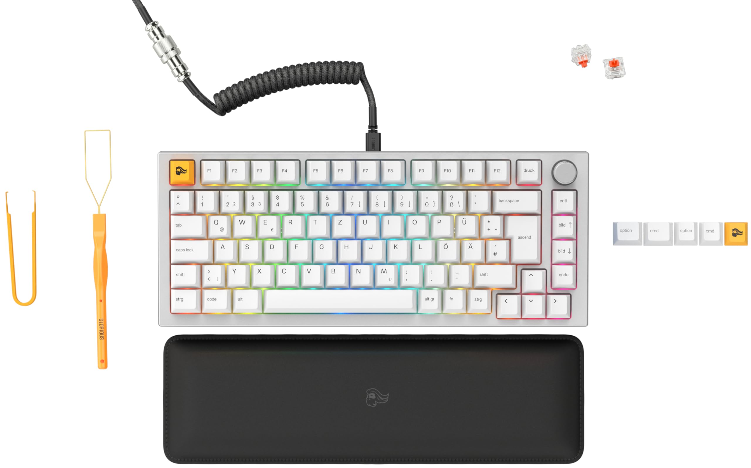 GLORIOUS Gaming GMMK PRO 75% - Modulares mechanisches Gaming-Keyboard, TKL, Grundgerüst 1,5 kg, voll anpassbar, Spiralkabel, Handgelenkablage, PBT-Tastenkappen - Deutsche QWERTZ-Belegung - Weiß