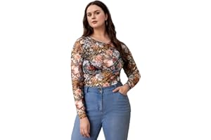 WDIRARA Women's Plus Size Mesh Top Sheer Long Sleeve Tops Women Mesh Tee Shirt Round Neck Blouse Going Out Tops