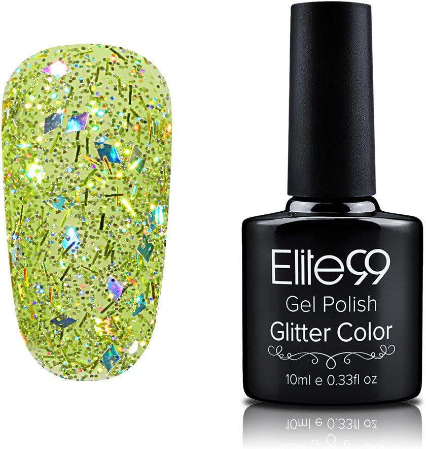 Elite99 Glitter Colour Nail Polish Soak Off UV LED Gel Polish Manicure Shiny 10ml Glitter Piquant Green