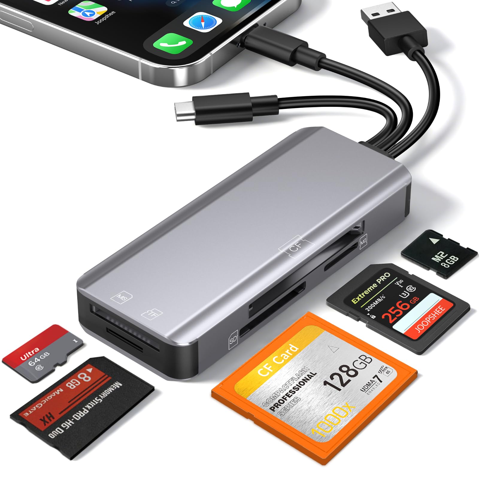 5-in-1 Multi Memory Card Reader,Aluminum SD/TF/CF/MS/M2/Cfast/Memory Stick Pro Duo/Micro SD Card Reader Adapter for i-Phone/i-Pad USB C and USB A Devices,No Application Required Plug and Play