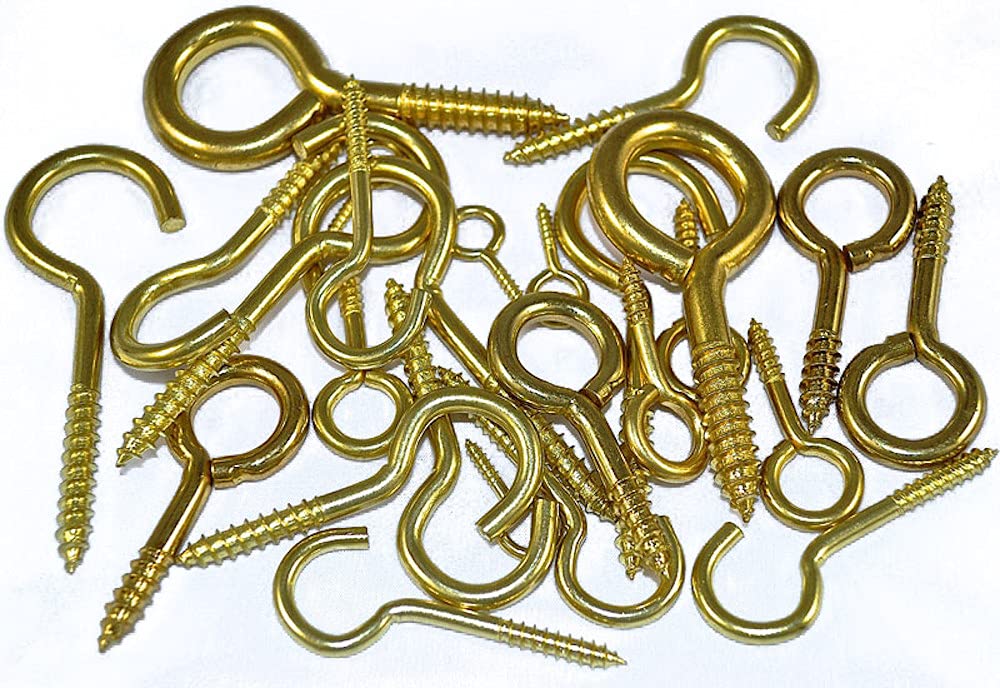 Merriway BH06550 (26 Pcs) EB Brass Plated Workshop Assortment of Screw Hooks & Eyes - Pack of 26 Pieces
