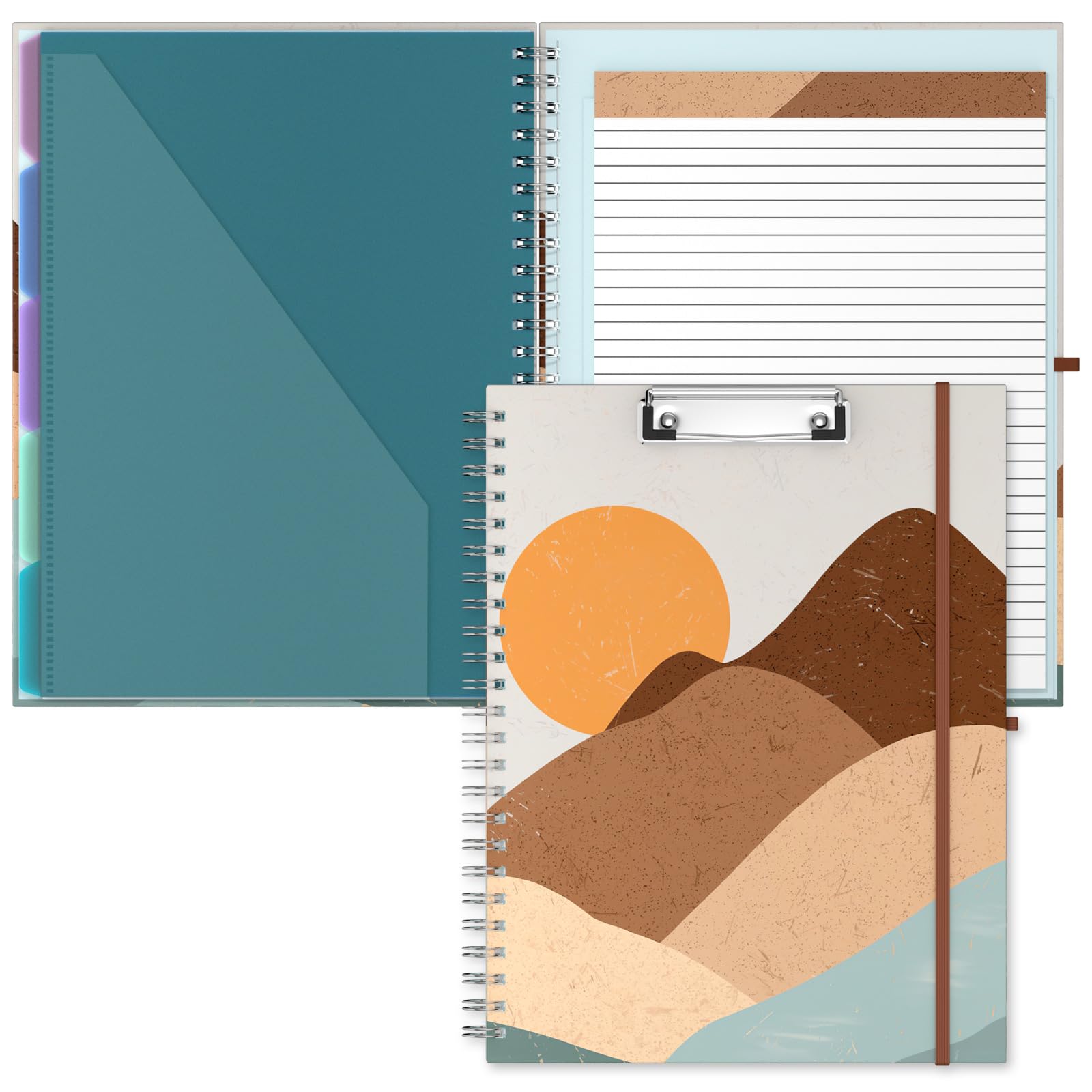 Hnogri Clipboard Folio with Refillable Lined Notepad, Clipboards with 5 A4 Folders Storage 10 Pockets, Spiral Clip Board Portfolio, Size 12.8" x 9.7", Office Supplies, School Supplies, Mountain