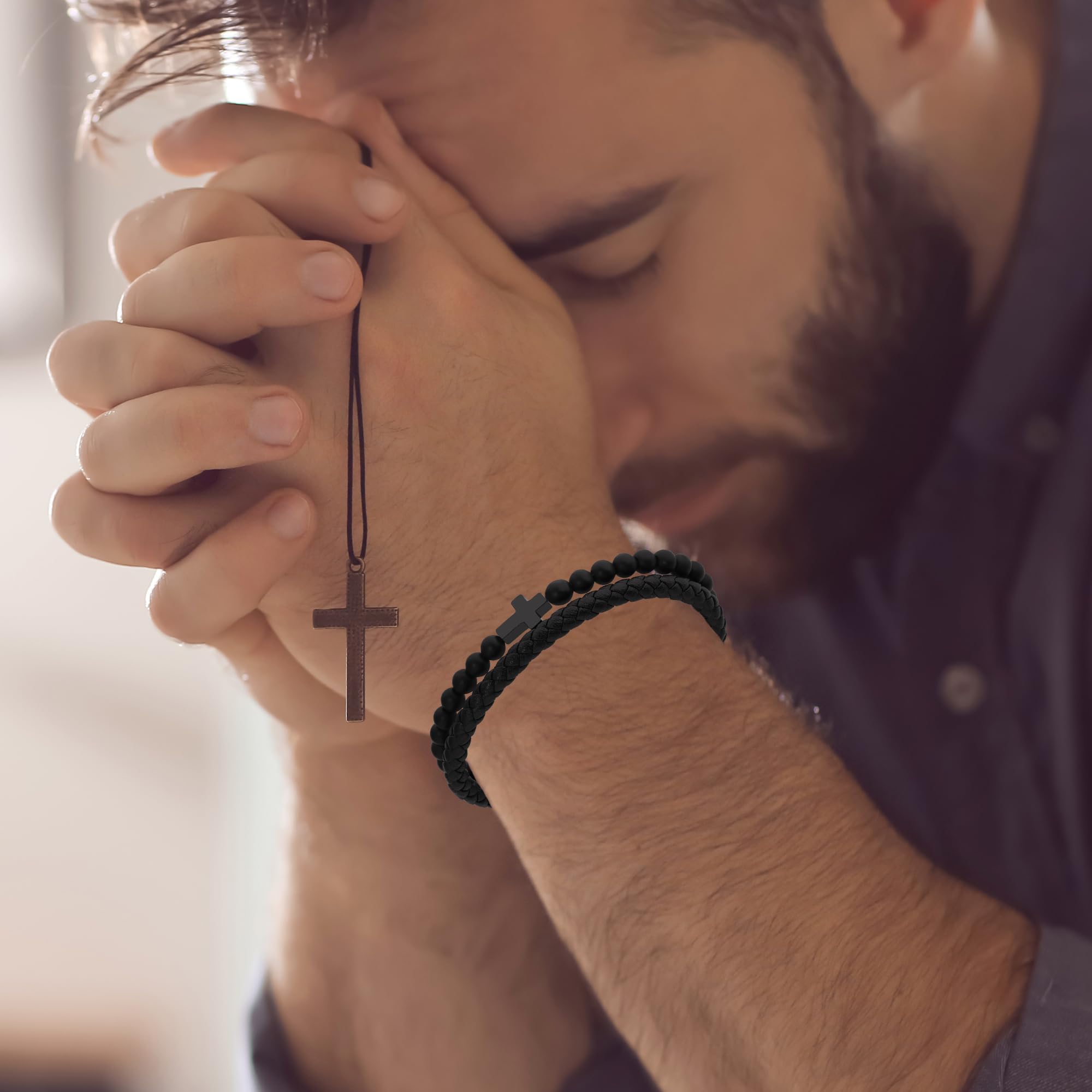 Mens Bracelet,Gifts for Men,Double-Row Black Braided Leather Bracelets for Men,Black Stainless Steel Cross Jewelry With Black Onyx Beads Bracelets,Charm Bracelet,For Dad,Friends,Brother,Sons