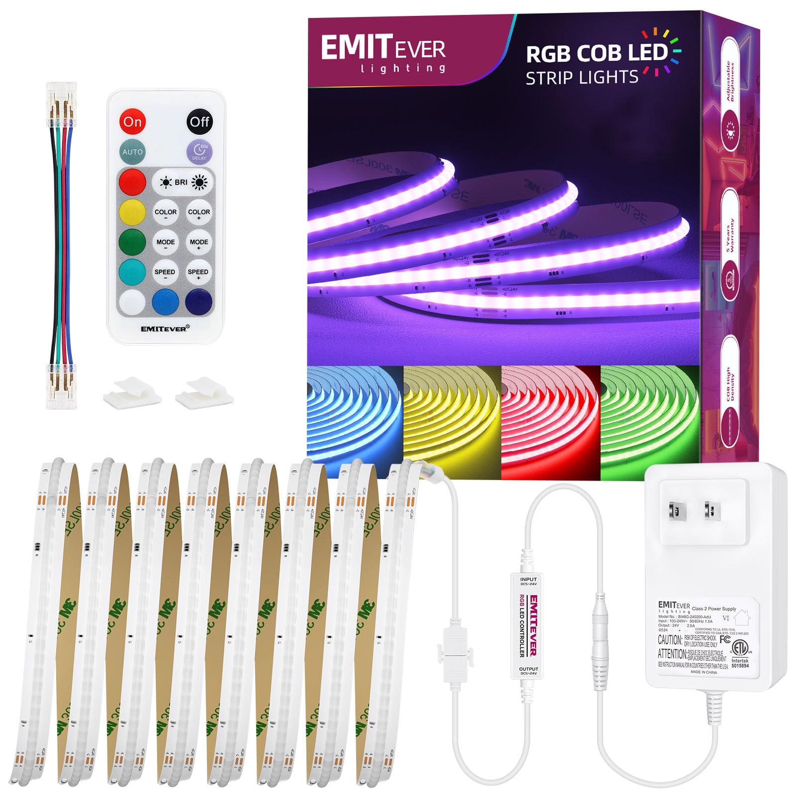 Photo 1 of EMITEVER RGB LED Strip Light 16.4ft, Dimmable COB 24V Flexible LED Color Changing Tape Light Kit with Remote, High Density 3150LEDs for TV Backlight, Bedroom, Bar, Party Christmas Decoration