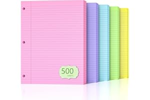 NICHELA 500 Sheets Loose Leaf Paper 8" x 10.5" Colored Filler Paper College Ruled 3-Hole Punched Lined Paper Notebook Paper for 3-Ring Binders Notepad Writing Note Pads Ideal for Home, School, Office