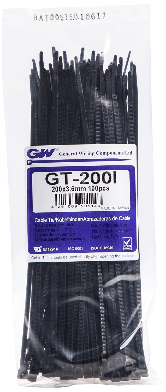 GW Wiring Products, Cable Tie 202 x 3,6 mm, Black, 1000 pcs, GT-200IB, Set of 1000 Pieces