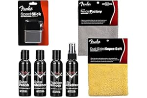 Fender Guitar Super Care Kit Bundle with Speed Slick String Cleaner, Custom Shop Deluxe Guitar Care System 4 Pack, Super-Soft Dual-Sided Microfiber Cloth, and Fender Factory Microfiber Cloth