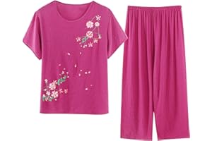 breaise Womens Casual Pajama Outfits Summer Plus Size 2 Piece Sets Soft Crew Neck Short Sleeve Tops Capri Lounge Pants
