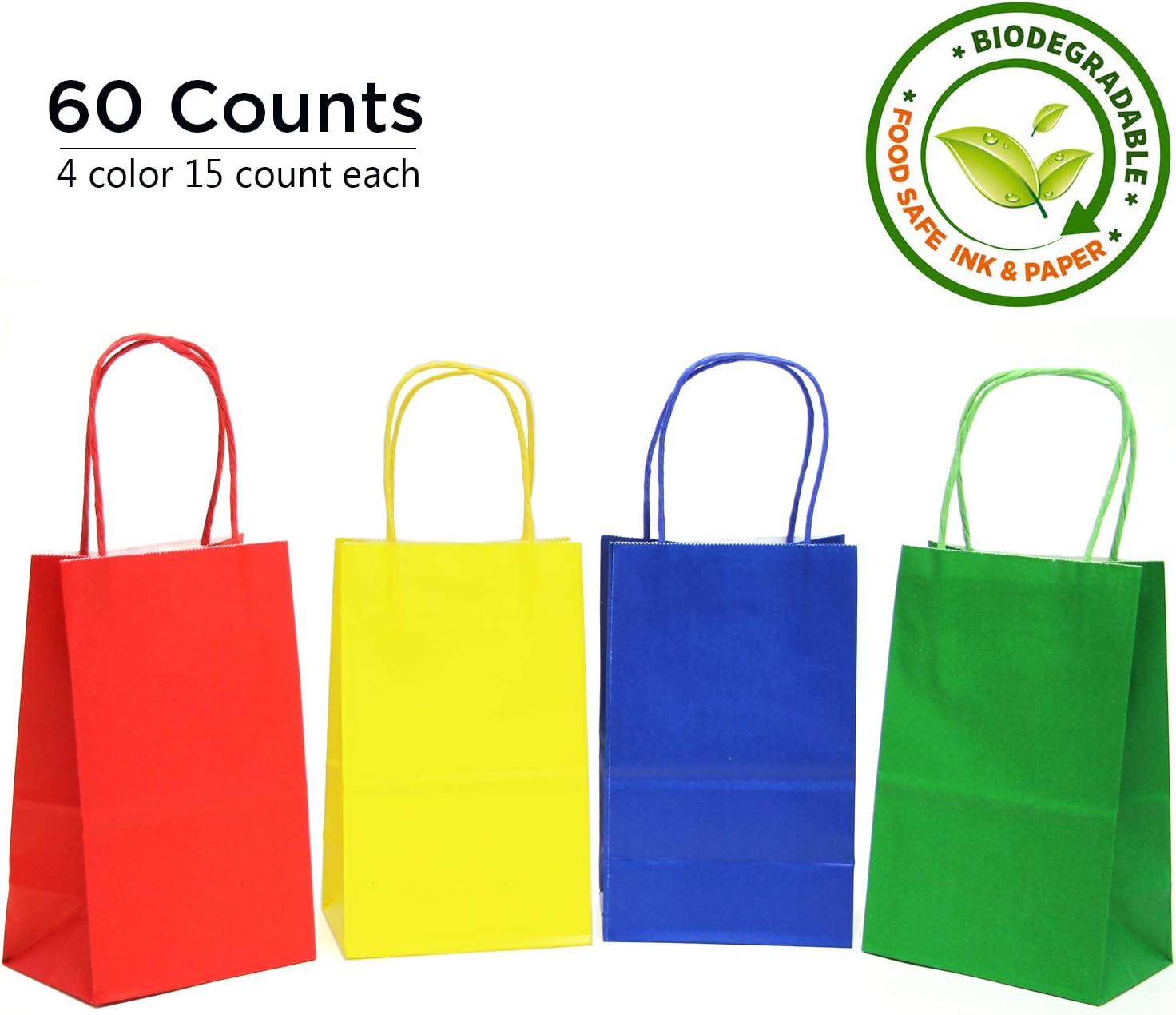 60CT Primary 4 Color Kraft Paper Gift Bags with Handles