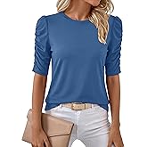 YUCOLEN Women's Crewneck T-Shirt Ruffle Half Sleeve Tops 2026 Casual Curved Hem Blouse Tee Shirts