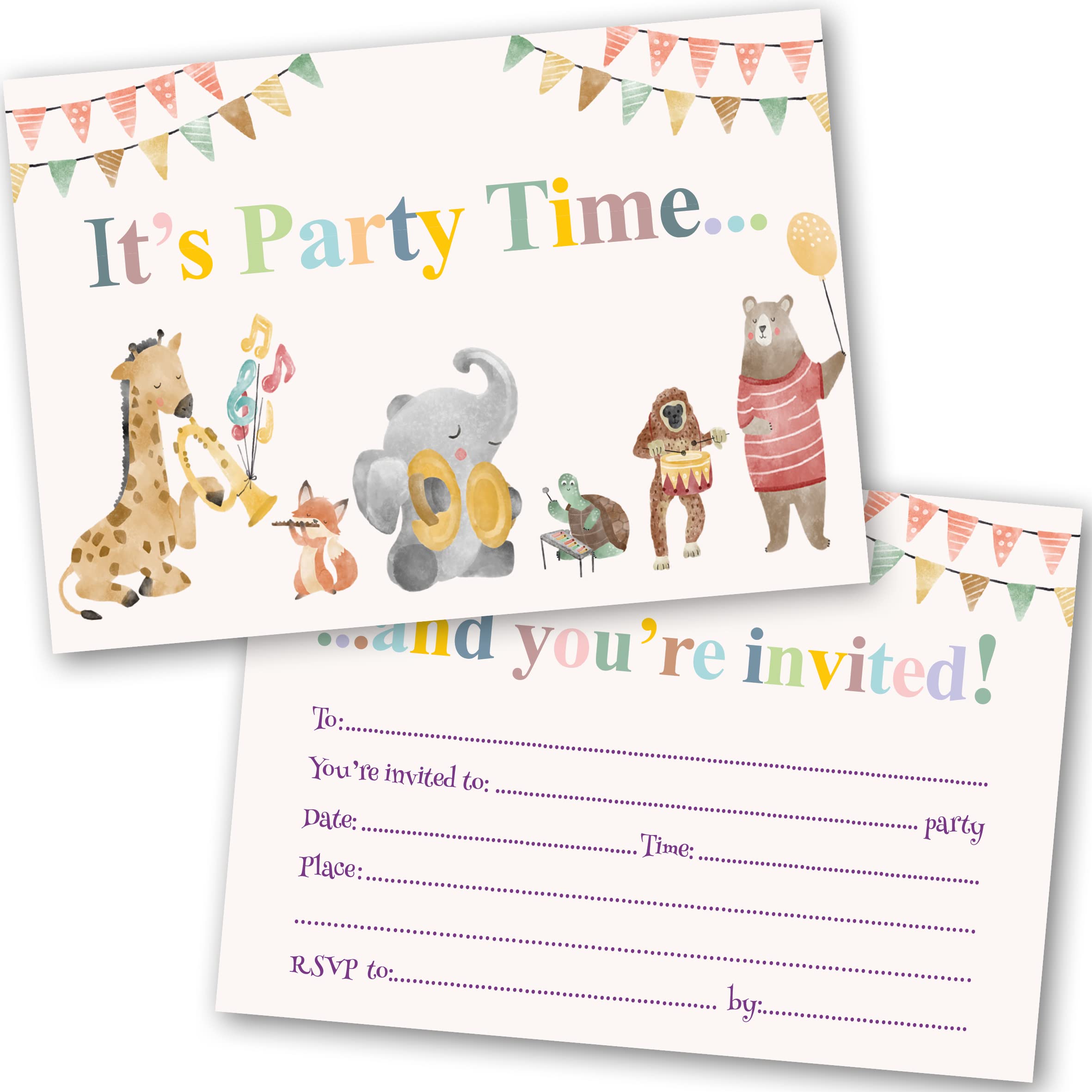 Kids Party Invitation Pack of 24. Musical Animal Themed Party invites with Matching envelopes. 120 x 172mm, Suitable for Boys and Girls. Designed and Printed in UK.
