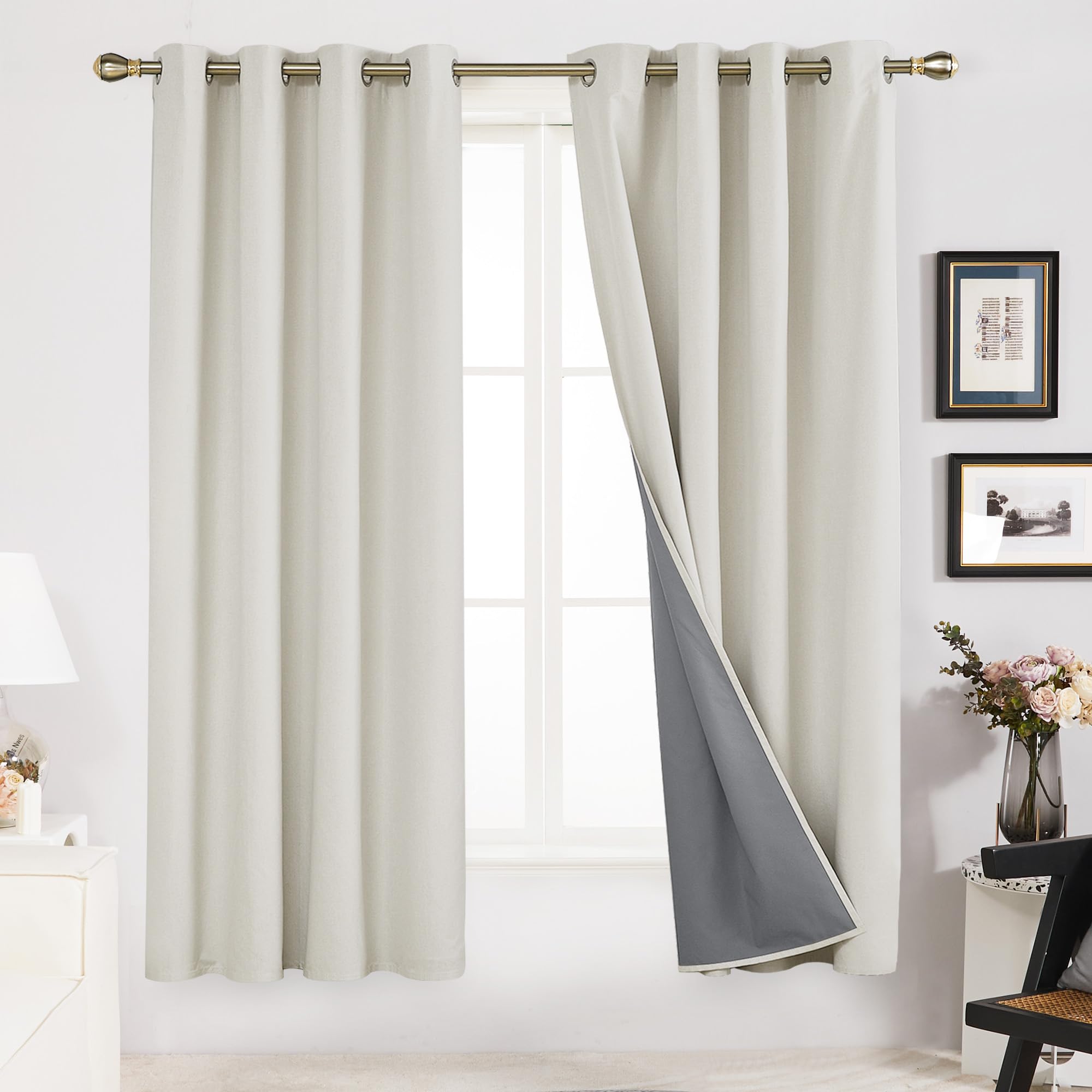 Deconovo Full Blackout Curtains Thermal Insulated Energy Efficiency Eyelet Bedroom Blackout Curtains with Coating Back Layer 52 x 72 Inch Greyish White 1 Pair