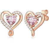 Zifeel Earrings for Women, S925 Sterling Silver Rose Gold Birthstone Heart Studs Earring for Girlfriend Wife, Anniversary Birthday Christmas Valentines Mothers Day Gifts Jewelry for Women Wife Her Mom