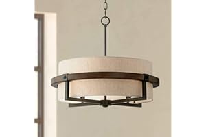 Possini Euro Design Pendant Light Fixture - 4 Light, Bronze and Wood Tan Fabric Drum Shade, Contemporary Pendant Light for Kitchen Islands, Living Rooms, Foyers, and Bedrooms - 22" Wide, 18" High