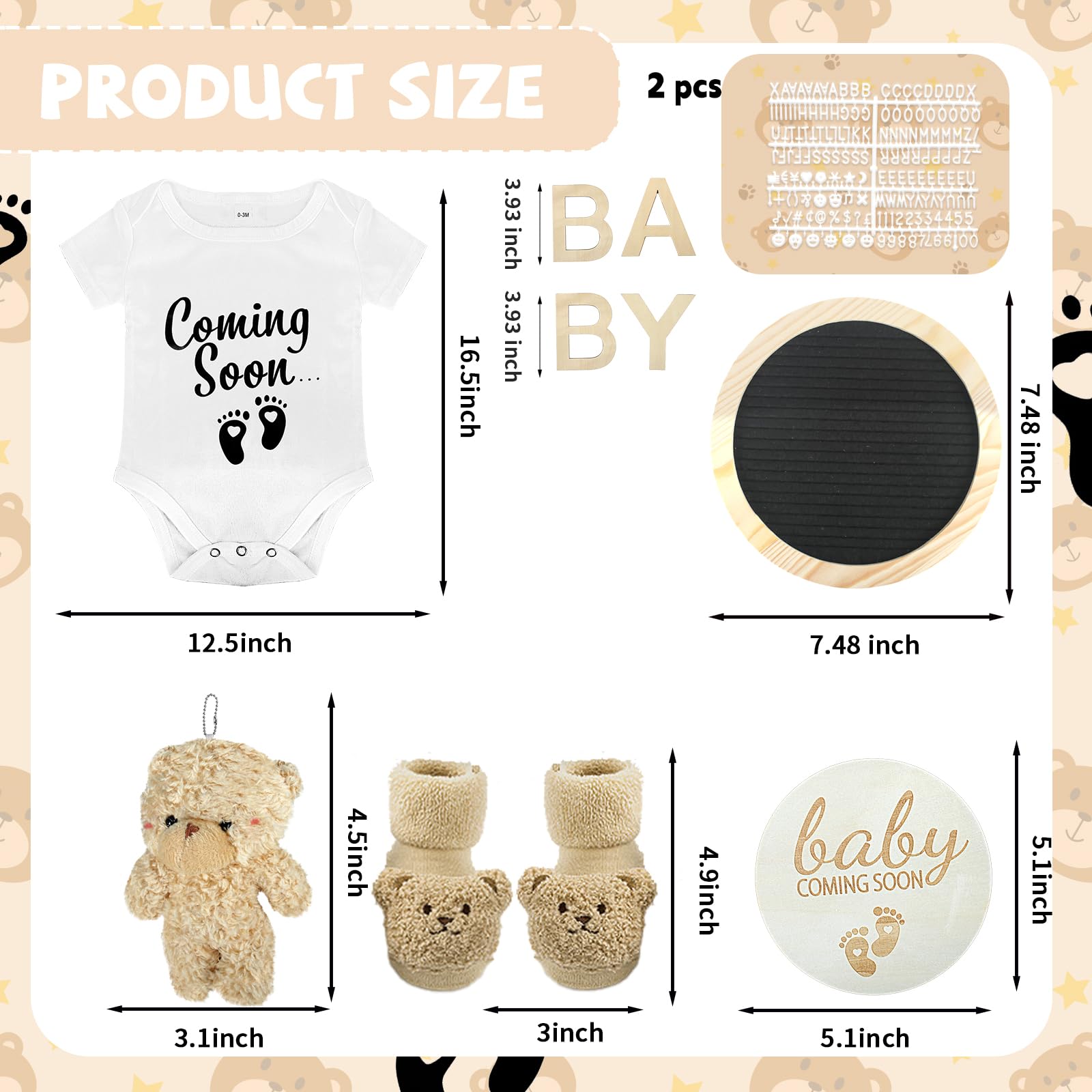 Pregnancy Announcements Set - Reveal Ideas Include Felt Letter Board Kit, Bodysuit, Socks, Wood Letters, Bear Plush, Blocks for Coming Soon Baby Announcement