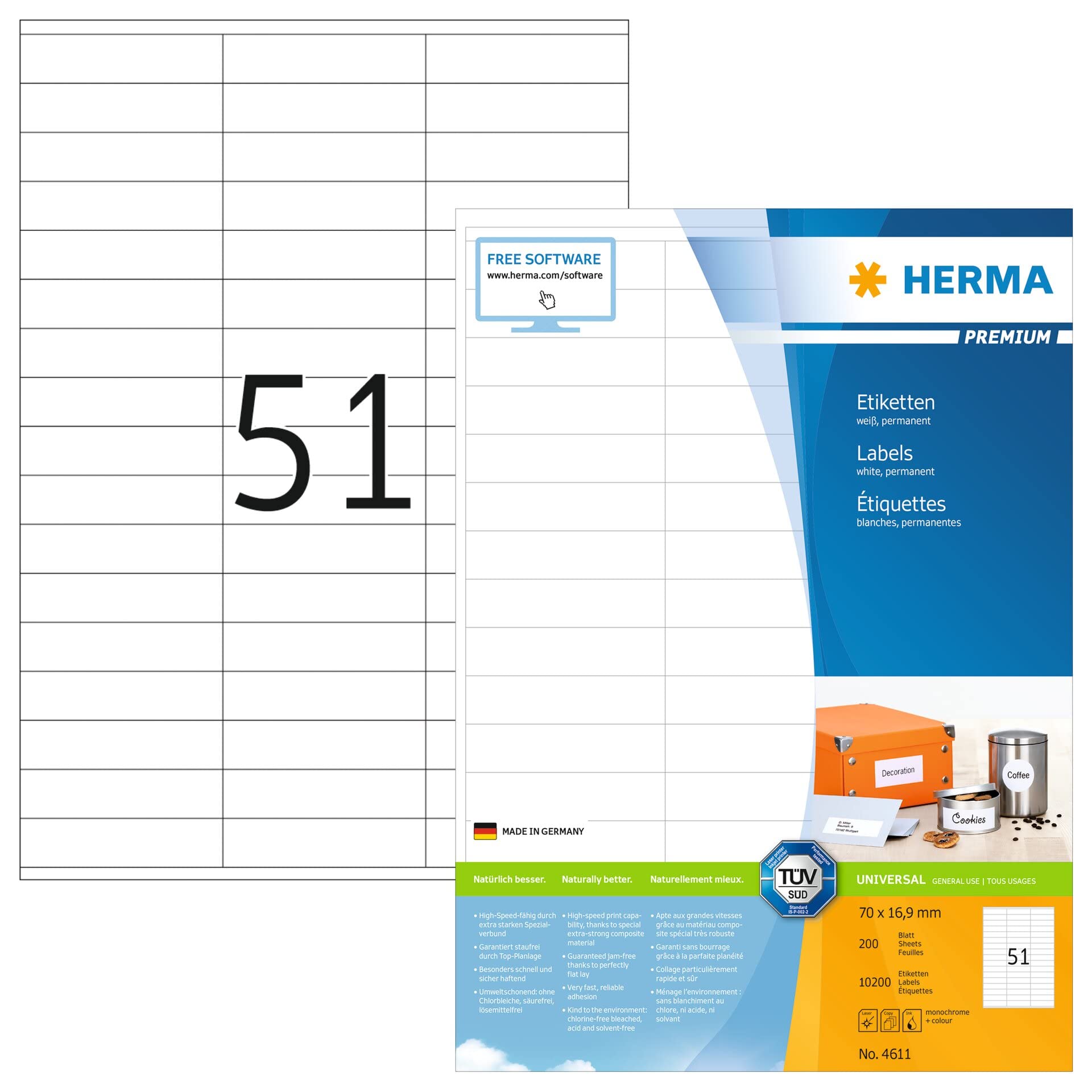 HERMA Self Adhesive Multipurpose Labels, 51 Labels per A4 Sheet, 200 Sheets, 70 x 16.9 mm, 10200 Labels, Blank Universal Labels Stickers, Sticky Labels for Laser & Inkjet Printer, White