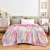 NEWCOSPLAY Super Soft Faux Fur Blanket Queen Size Light Rainbow Sherpa Fuzzy Plush Warm Blanket for Sofa Bed (Light Rainbow, Queen(90"x90"))