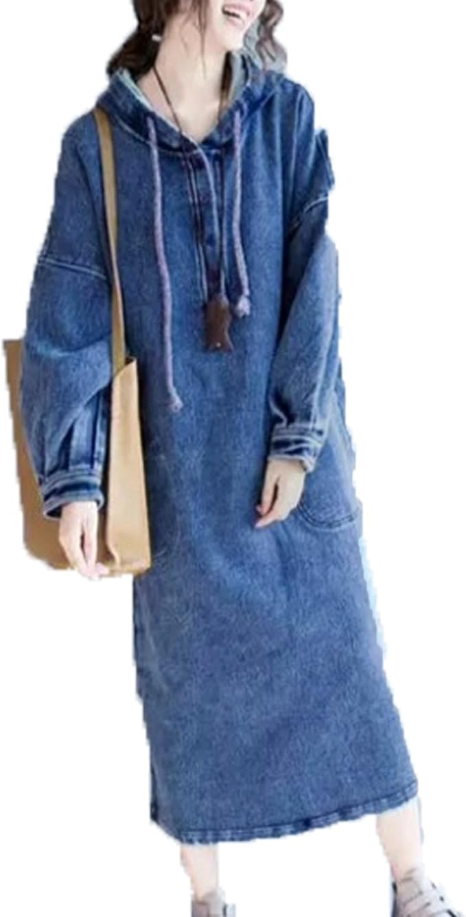 Amazon ラ ナチュール La Nature レディース デニム パーカー ワンピース カジュアル フード付きワンピ 長袖 大きい フリー サイズ ブルー系 ワンピース チュニック 通販