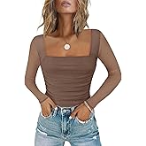 Chunpin Women's Bodysuits Square Neck Long Sleeve Bodysuits Mesh Ruched Thong Body Suit Outfits Going Out Tops