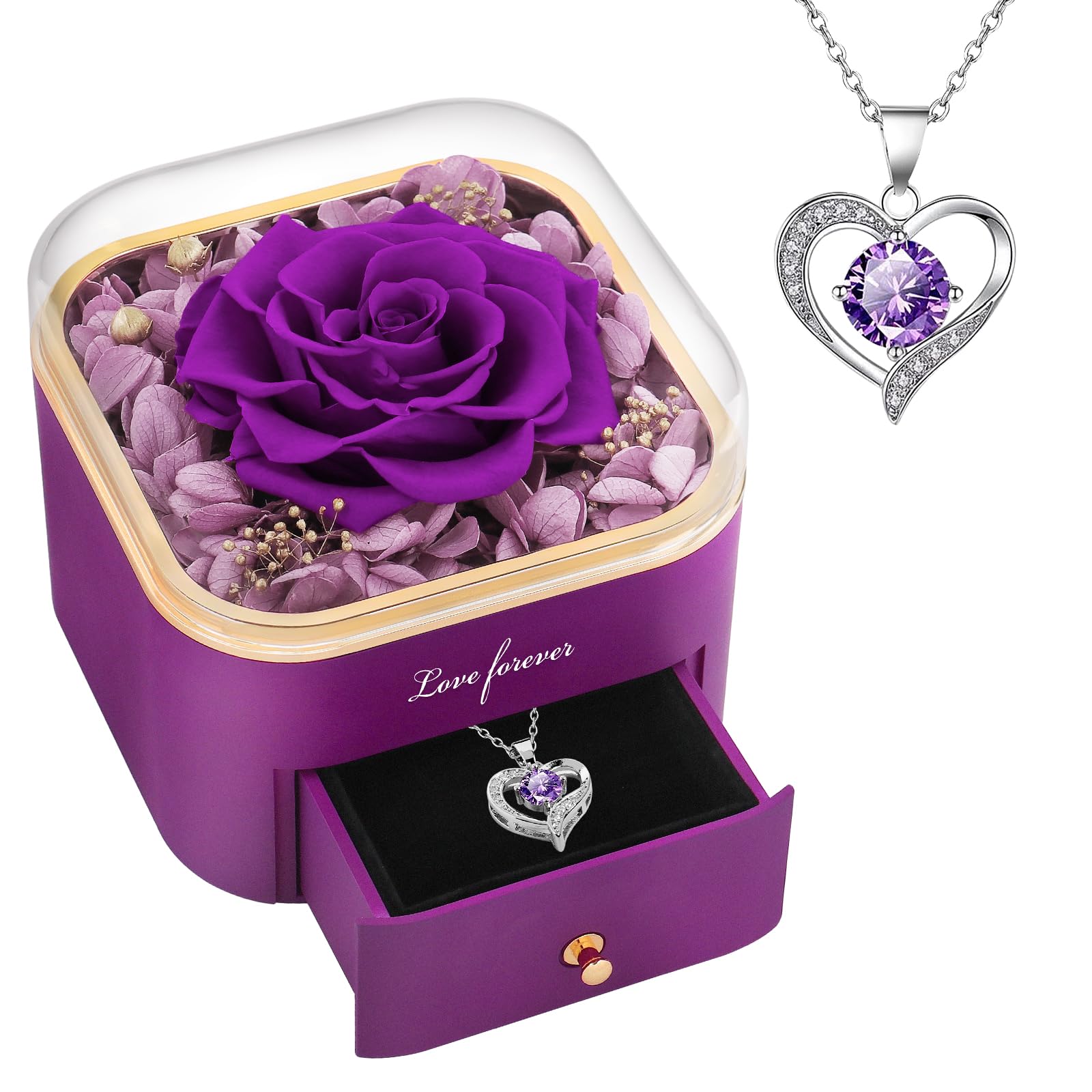 Photo 1 of (FAIR) Beferr Valentines Day Gifts for Her Women Birthday Gifts Preserved Real Rose with Necklace Eternal Roses Forever Flowers Gifts for Mom Wife Sister Grandma Purple