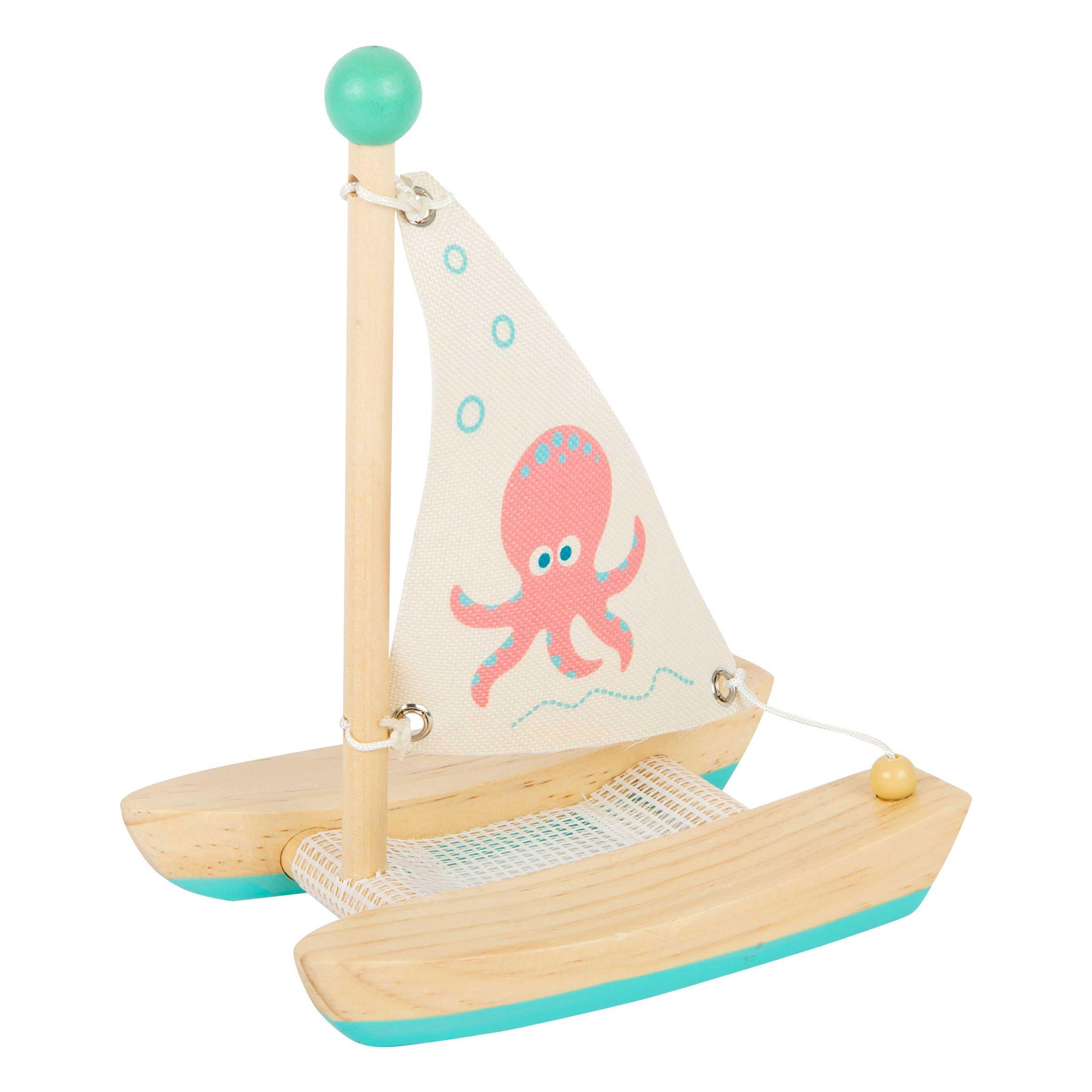 Small Foot 11656 Wooden Octopus Catamaran, Swimming Toy for The Water, for Children Aged 24+ Months Bath, Blue