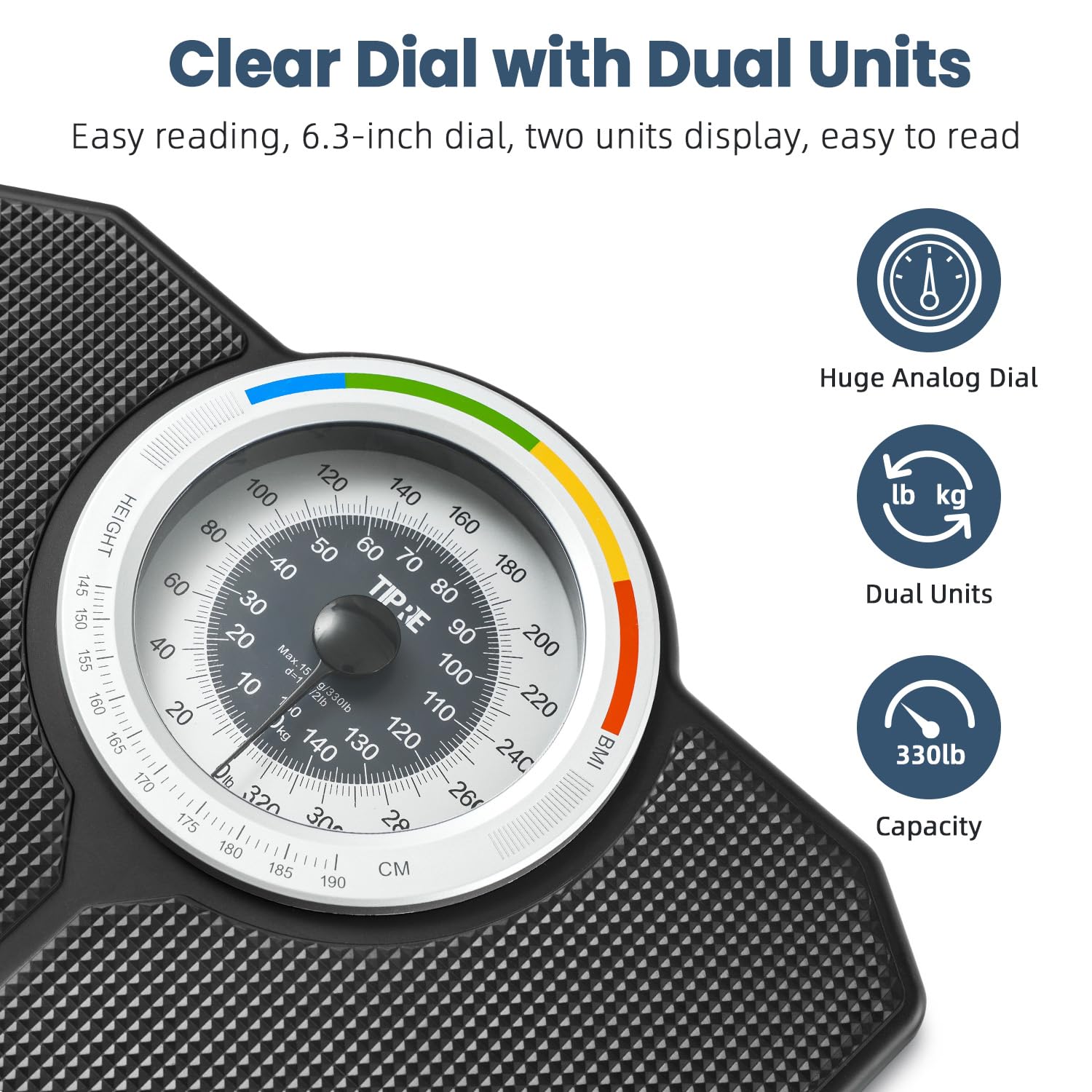 Analog Scale for Body Weight, Mechanical Bathroom Scale, Analog Scale for Body Weight, 150kg/330lb, Dial Scale with Wider and Thicker Anti-Slip Platform, Simple Calibration, No Required Battery