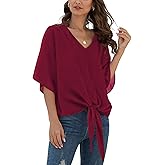 VIISHOW Womens Tie Front Chiffon Blouses V Neck Batwing Short Sleeve Summer Tops Shirts
