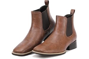 Rvminyta Western Cowboy Boots for Men Square Toe Ankle Boots Mens Retro Slip On Chelsea Boot Casual Dress Boot