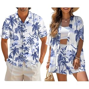 Pugasmiru Couple Outfits: Women's 2 Piece Cardigan and Shorts Set, Men's Casual Button Down Shirt for Beach Casual