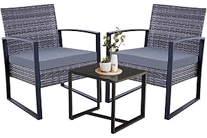 IJIALIFE 3 Pieces Patio Bistro Sets, Outdoor Wicker Furniture Set,Rattan Conversation with Coffee Table for Yard Balcony Garden,Gray