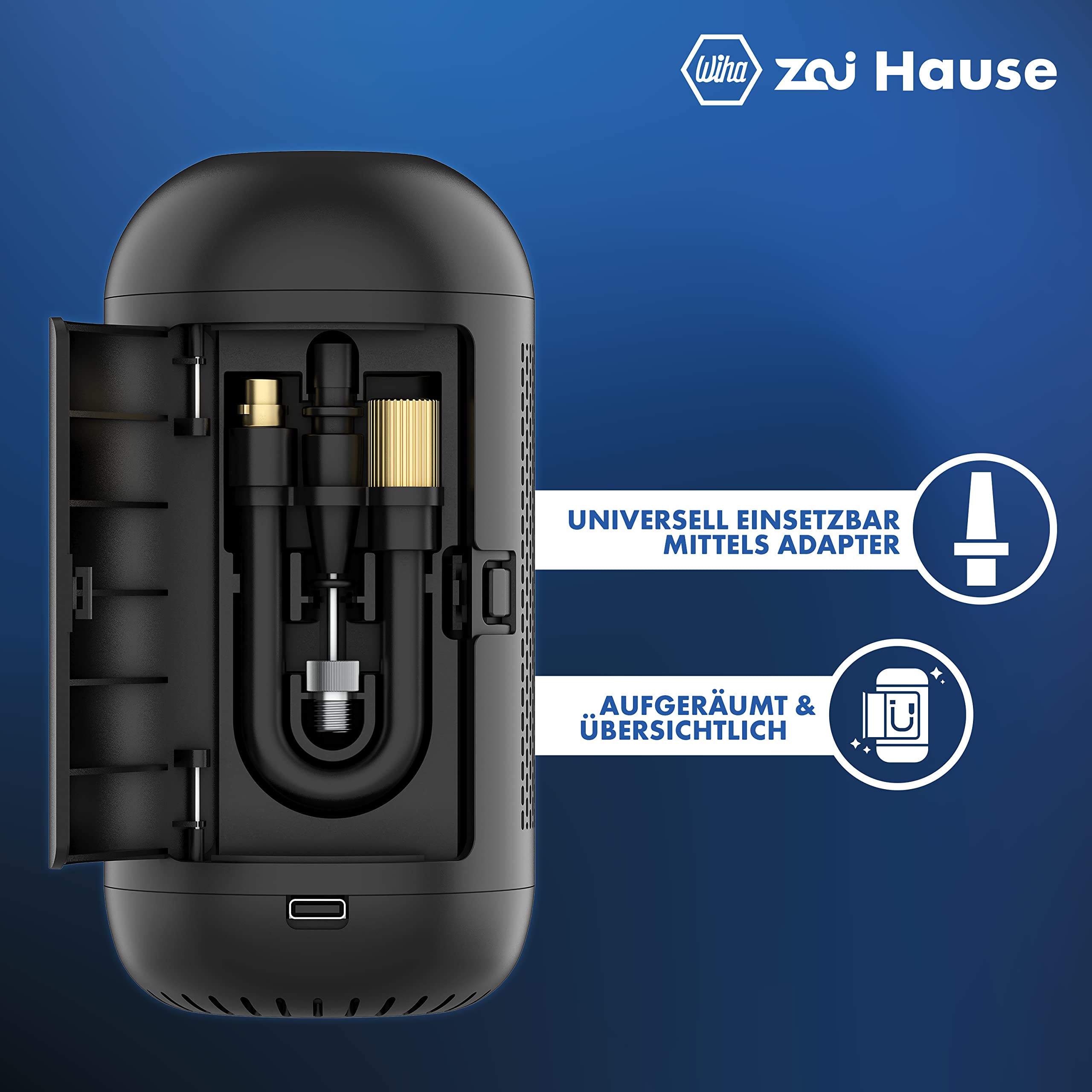 Wiha zai Hause Elektrische Luftpumpe für Fahrrad & Auto mit Akku 3,7 V inkl. Adaptern für Motorrad/Ball/Rad/Kfz bis zu 10 bar/150 psi I Mobiler Kompressor mit LED-Ringlicht I Fahrradluftpumpe tragbar 3