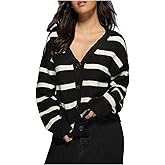 MakeMeChic Women's Button Down Long Sleeve Cardigan Sweater Striped Blouse Knit Winter Cozy Coat