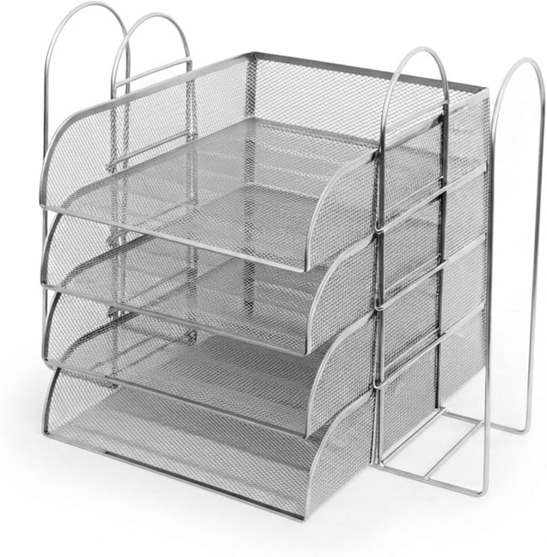 Tabuleiro de Documentos Metálico A4, 4 níveis, 2 estantes para carregadores, 33 x 40,5 x 33,5 cm, Organizador, prateado