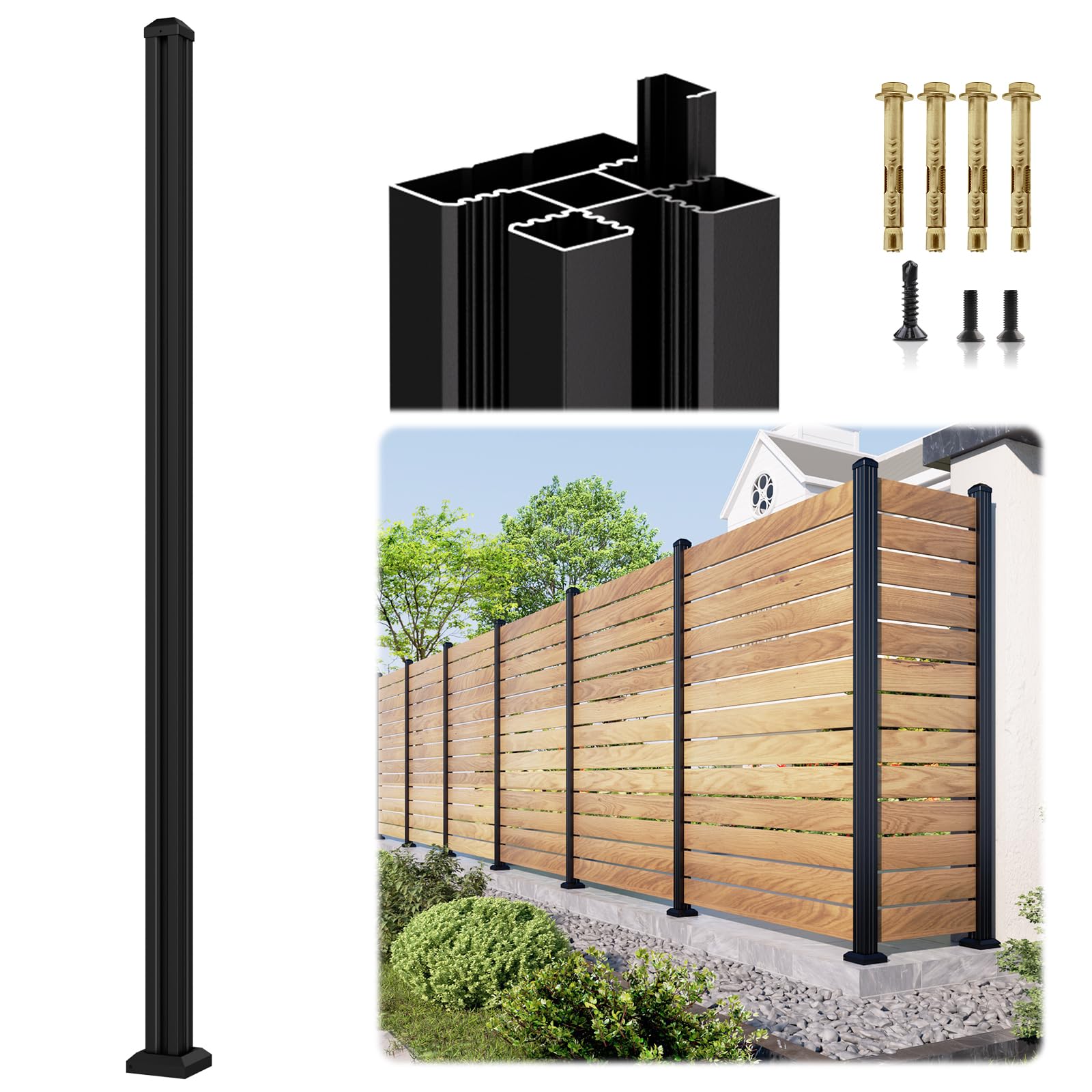 Photo 1 of ***PARTS ONLY**1 Pack 6FT 3-Way Aluminum Fence Post, 1.8mm Thick Walls & 10mm Base, Matte Black Wood Fence Post, Rustproof & Weather-Resistant for Outdoor Privacy Panels