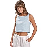Amazhiyu Womens 100% Linen Summer Square Neck Sleeveless Back Keyhole Crop Tops Light Blue, Large