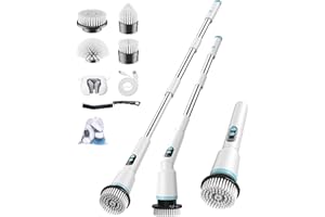 Kimeetol Electric Spin Scrubber with Remote Control, 2 Adjustable Angles, IPX7 Cordless Cleaning Brush with 5 Brush Heads, Long Handle Power Scrubber for Bathroom, Shower, Tub, Floor, White