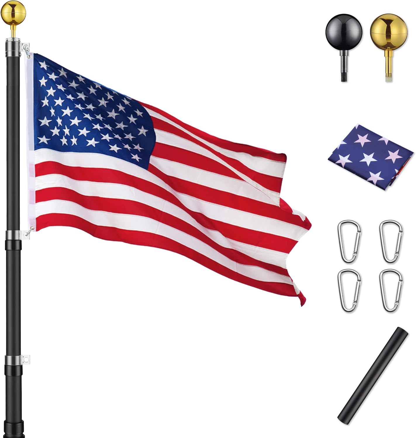 Flagpole Hardware - Yescom 20Ft Black Telescopic Aluminum Flag Pole 16 Gauge Fly 2 Flags 3'x5' US Flag & Ball Top Kit Telescoping Flagpole Yard Outdoor Garden