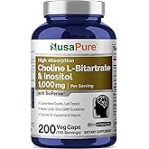 NusaPure Choline & Inositol - Suitable for Vegetarian/Vegan, Non - GMO - 1000mg - 200 Veggie Capsules