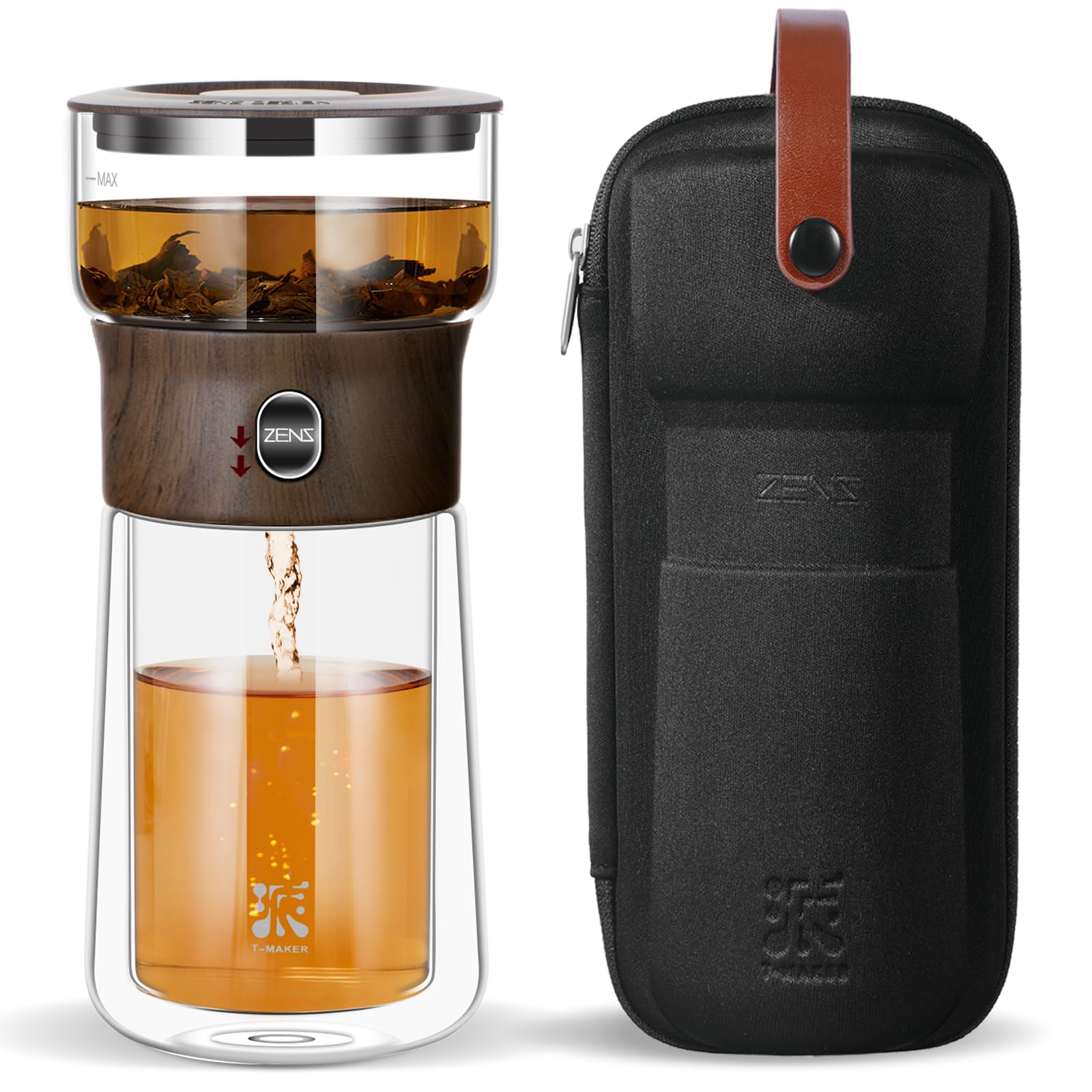 ZENS Modern Solo Tea Infuser Teapot, Smart One Touch Drip Tea Pot for Loose Tea Diffusers, Small Glass Gongfu Teapot with 270ml Insulated Cup and Portable Tea Kits for Tea Lovers Gifts