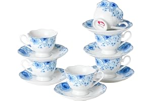 PRECITIME Porcelain Demitasse Cup Set of 6 (12-Piece) - 2.5oz Espresso Cups & Saucers with Classic Blue Floral Pattern, Dishw