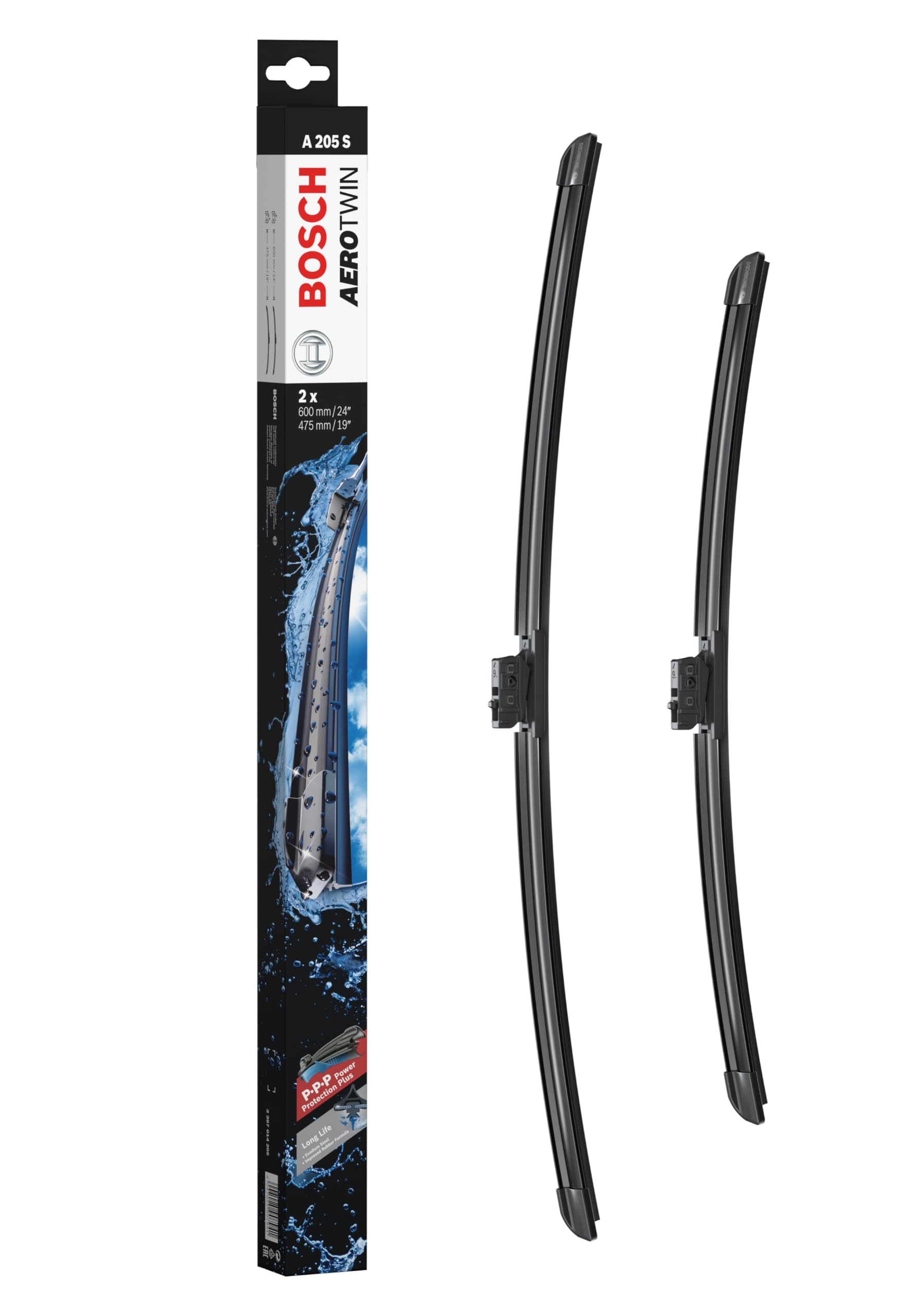 Bosch Aerotwin A 205 S - Front Windscreen Wipers - Set of 2 Replacement Blades - Comes with Pre-assembled Adapter - 2 Blades, 600mm/475mm - Only for left-hand drive (EU)
