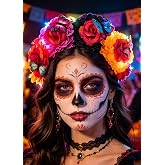 Fdesigner Light Up Flower Headband for Women Day of the Dead Headpiece Halloween Hair Accessories